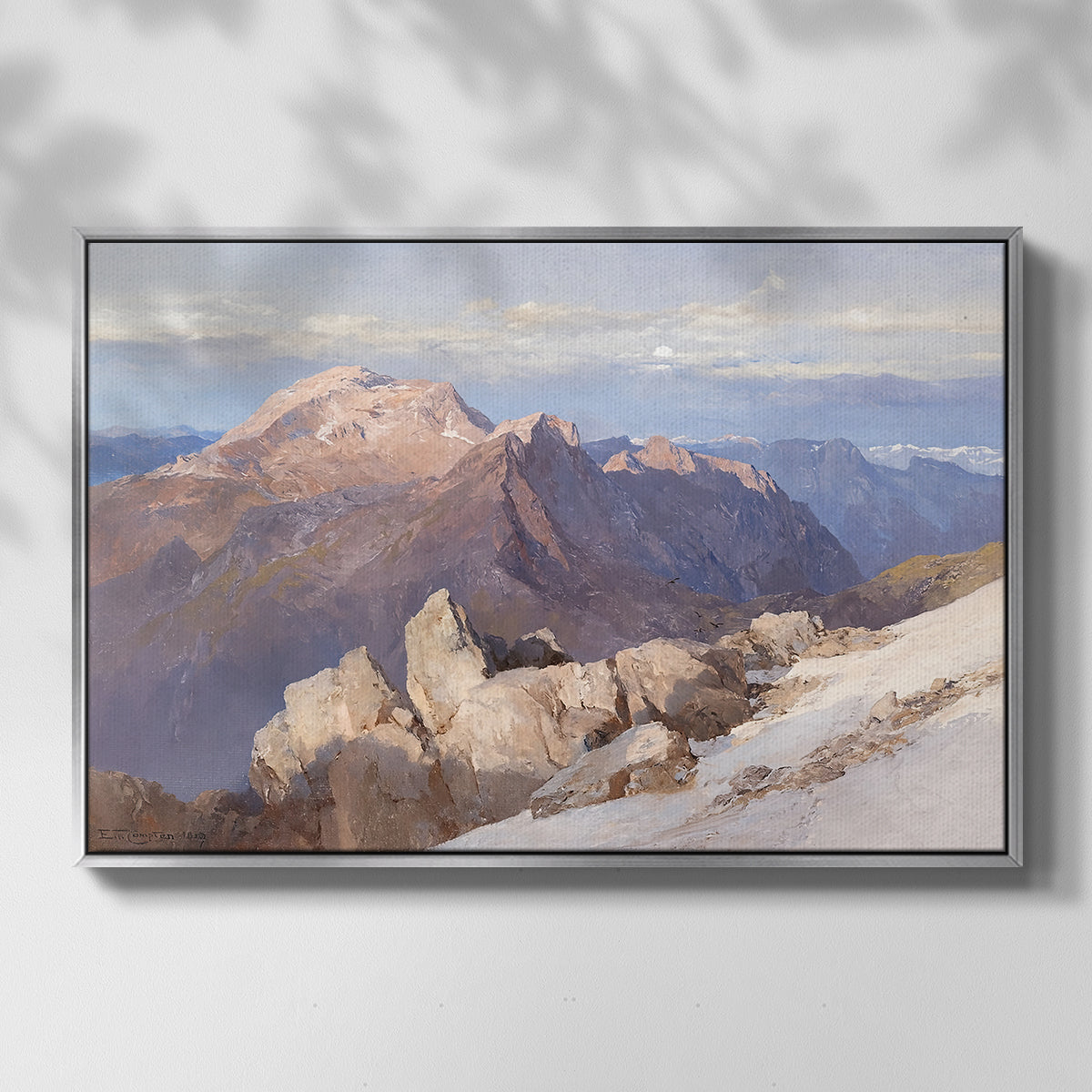 Front view of Hoher Göll from Watzmann-Hocheck, 1919 by Edward Theodore Compton in a silver floater framed canvas.