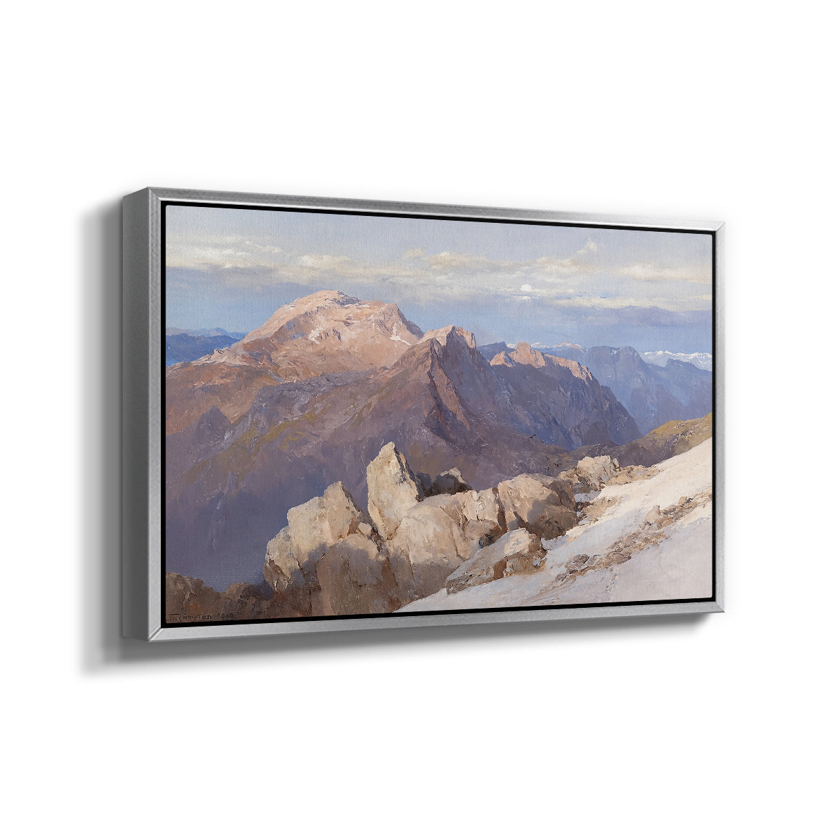 Angled view of Hoher Göll from Watzmann-Hocheck, 1919 by Edward Theodore Compton in a silver floater framed canvas.