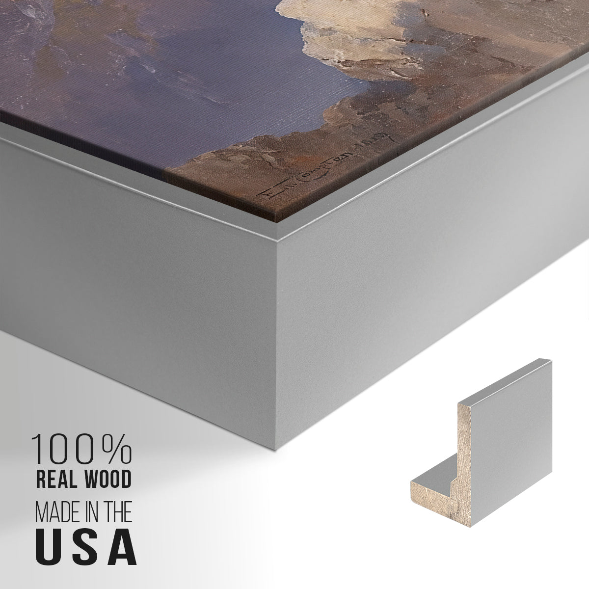 Close-up of the silver floater frame corner and gallery wrapped canvas construction.