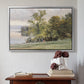 Silver floater framed canvas featuring Landscape at Lake Starnberg, 1890 by Edward Theodore Compton above an entryway table in a minimalist foyer.
