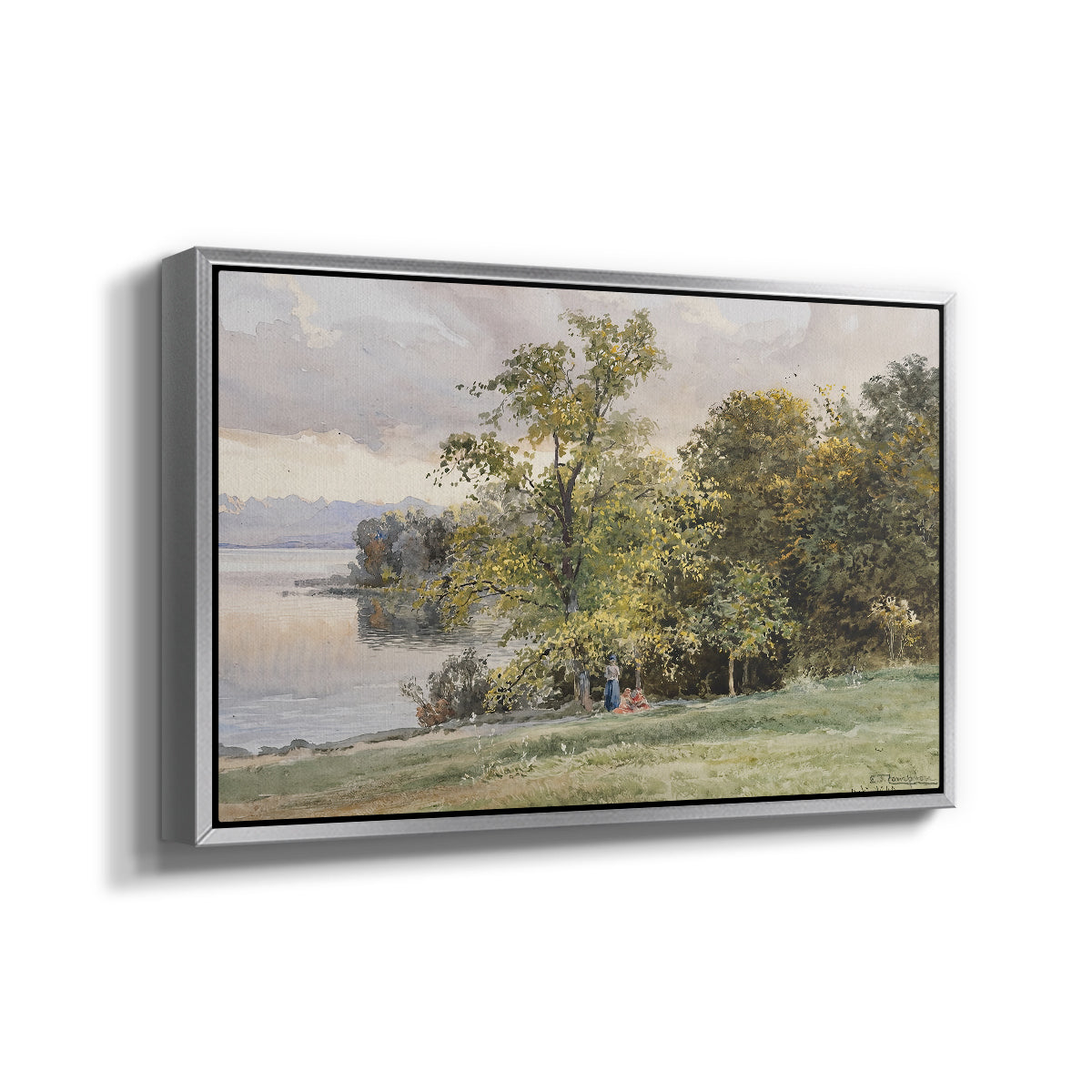 Angled view of Landscape at Lake Starnberg, 1890 by Edward Theodore Compton in a silver floater framed canvas.