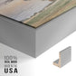 Close-up of the silver floater frame corner and gallery wrapped canvas construction.