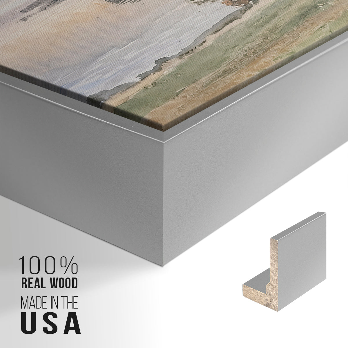 Close-up of the silver floater frame corner and gallery wrapped canvas construction.