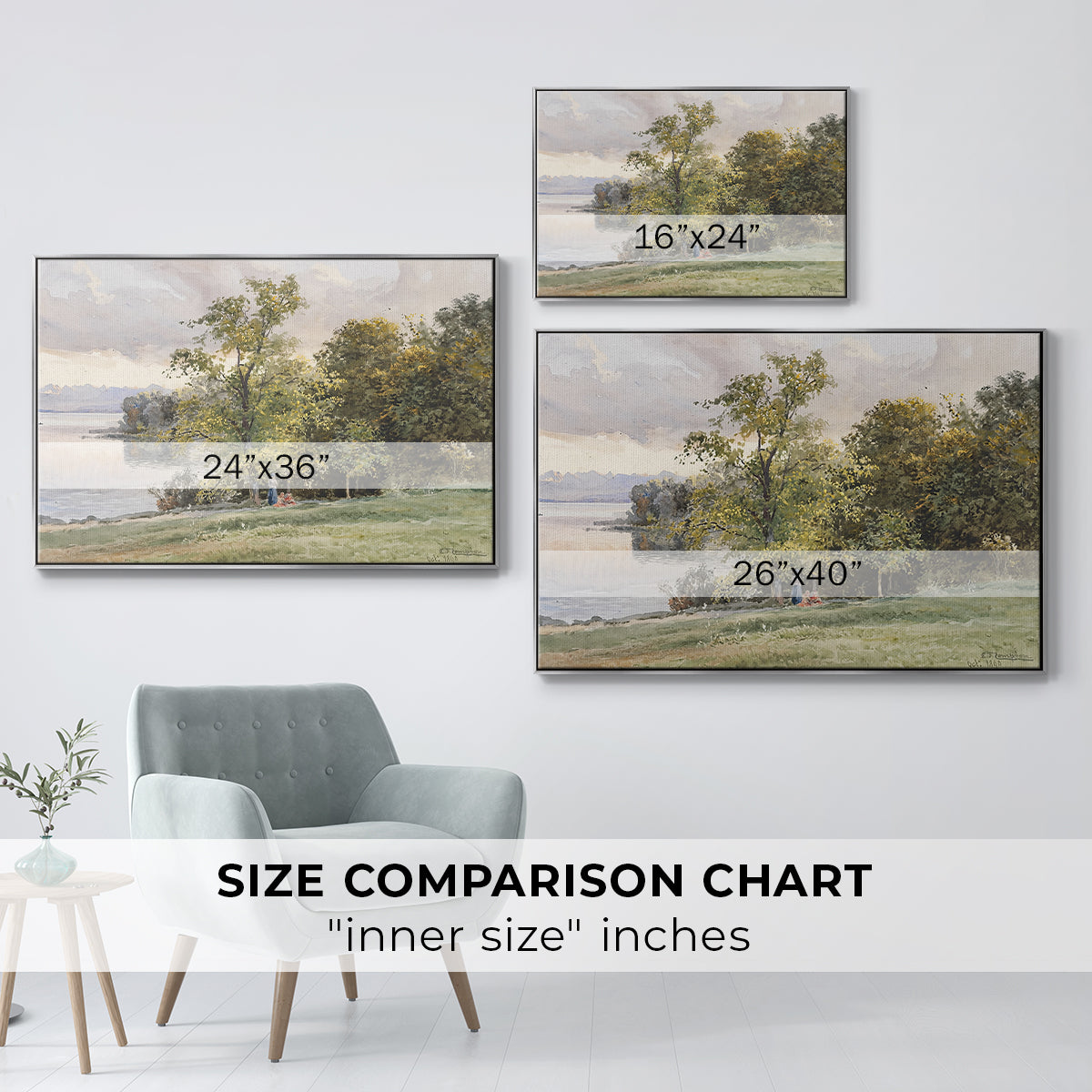 Size comparison chart for silver floater framed canvas featuring Landscape at Lake Starnberg, 1890 by Edward Theodore Compton.