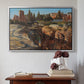 Silver floater framed canvas featuring Palatine in Rome, c. 1921 by Edward Theodore Compton above an entryway table in a minimalist foyer.