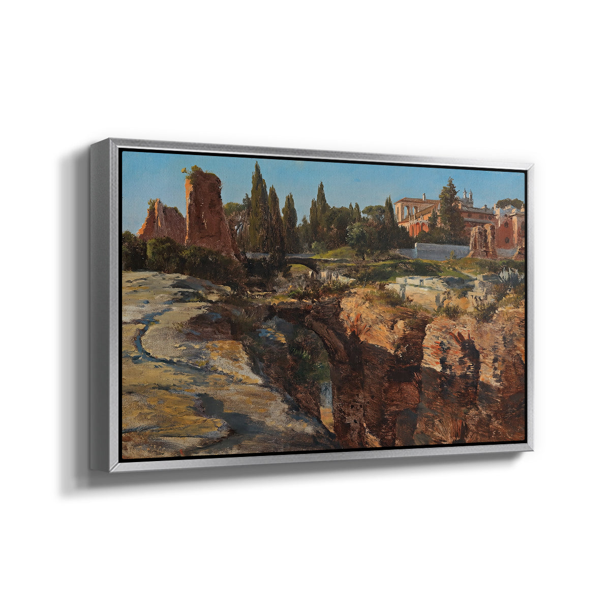 Angled view of Palatine in Rome, c. 1921 by Edward Theodore Compton in a silver floater framed canvas.