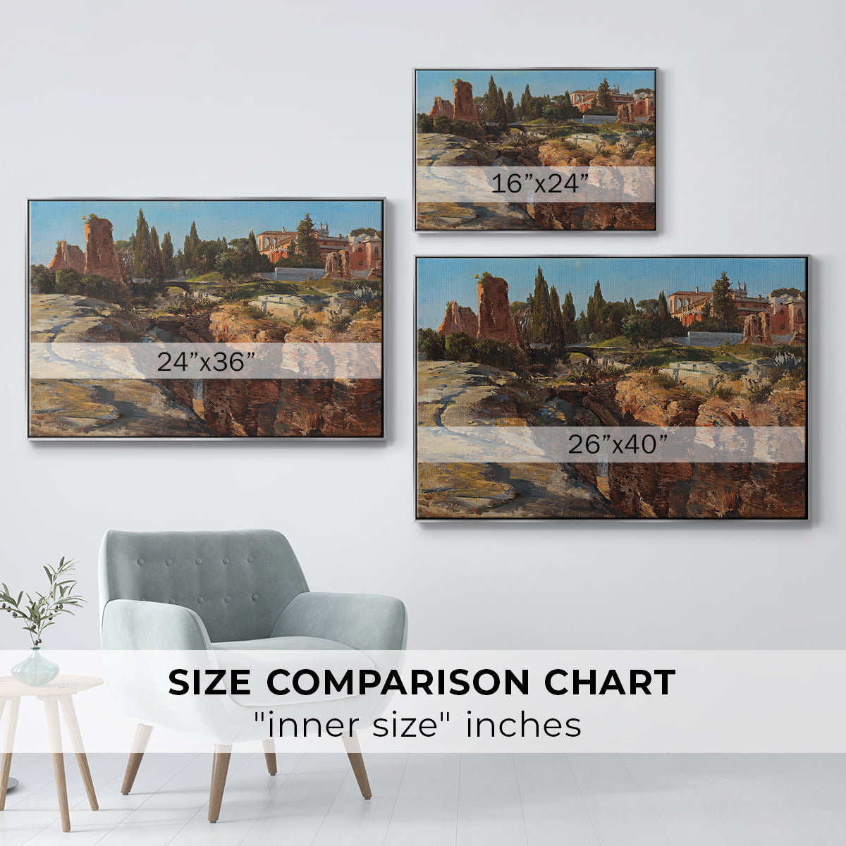 Size comparison chart for silver floater framed canvas featuring Palatine in Rome, c. 1921 by Edward Theodore Compton.