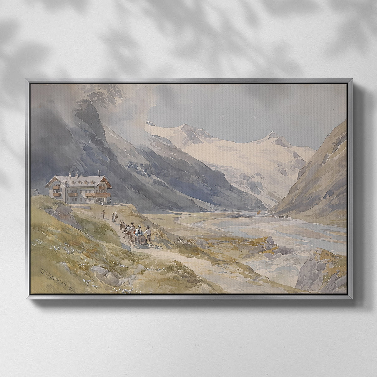 Front view of Shepherds (Pasterze), c. 1921 by Edward Theodore Compton in a silver floater framed canvas.