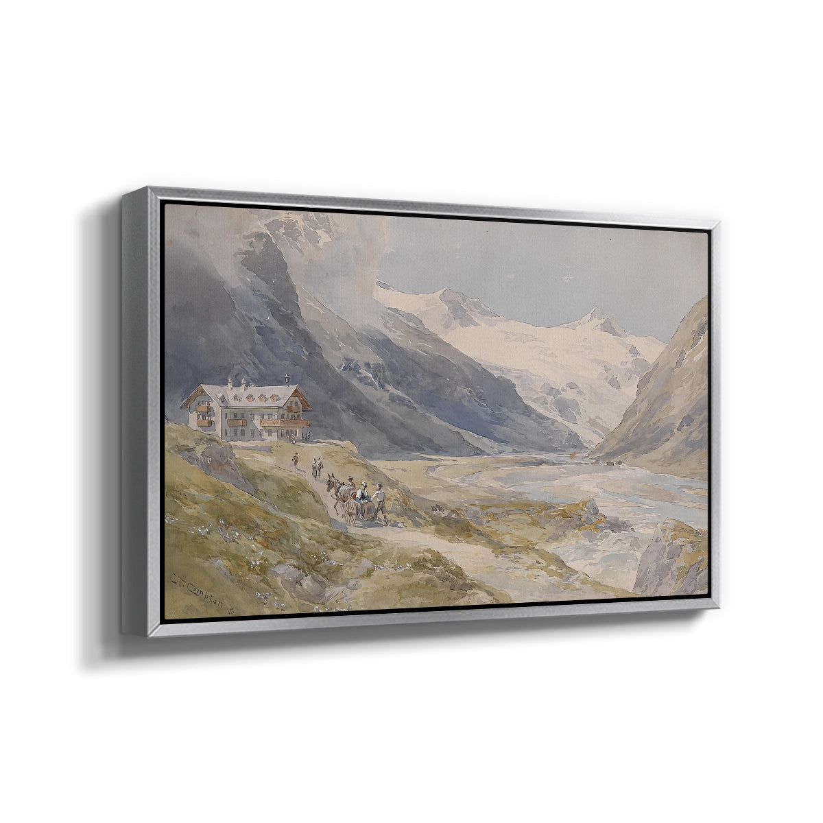 Angled view of Shepherds (Pasterze), c. 1921 by Edward Theodore Compton in a silver floater framed canvas.