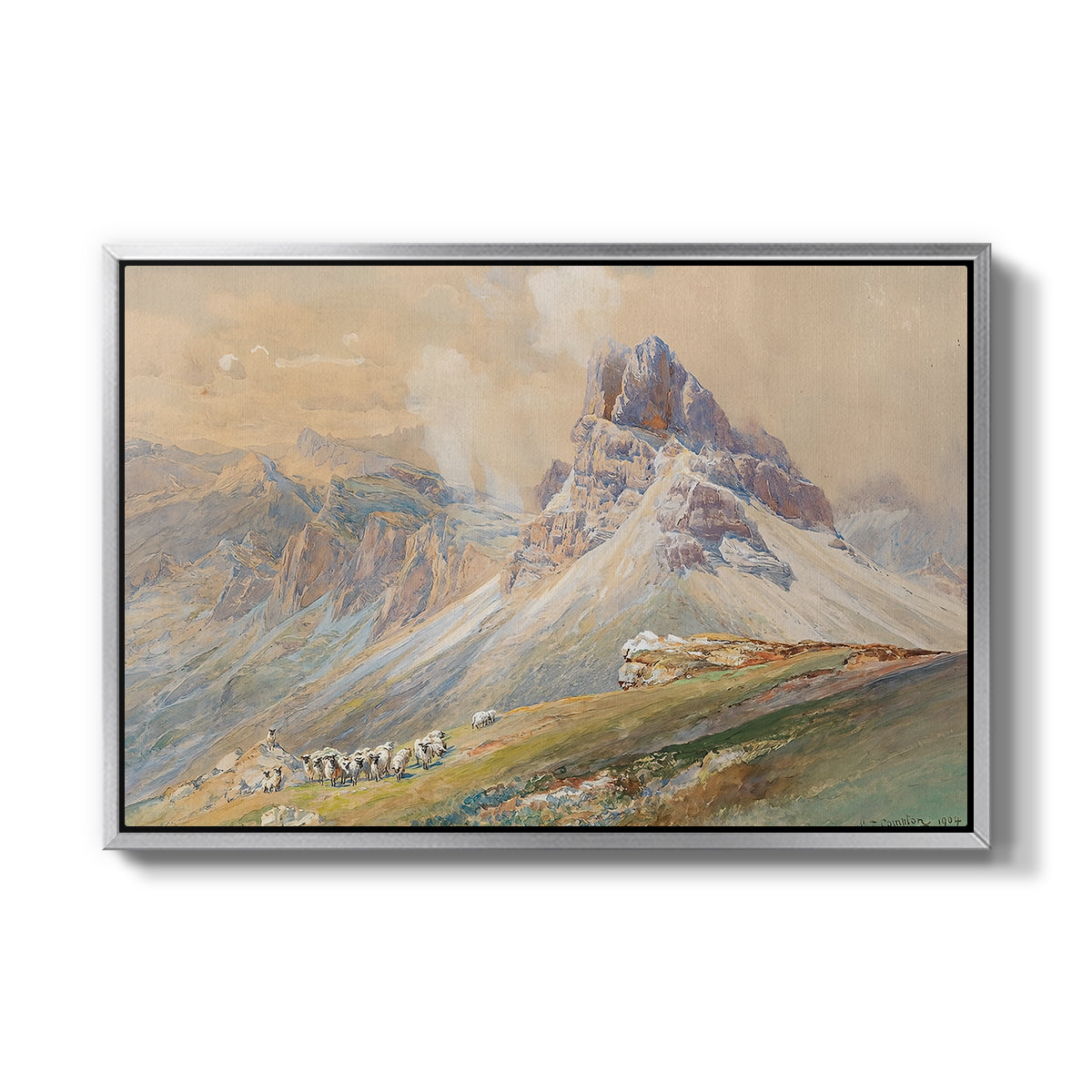 From the Dolomites, 1904 by Edward Theodore Compton in a silver floater framed canvas wall art display.