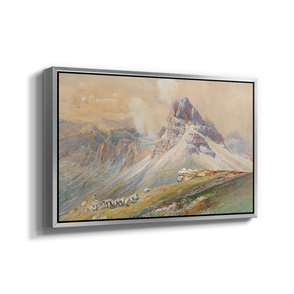 Angled view of From the Dolomites, 1904 by Edward Theodore Compton in a silver floater framed canvas.