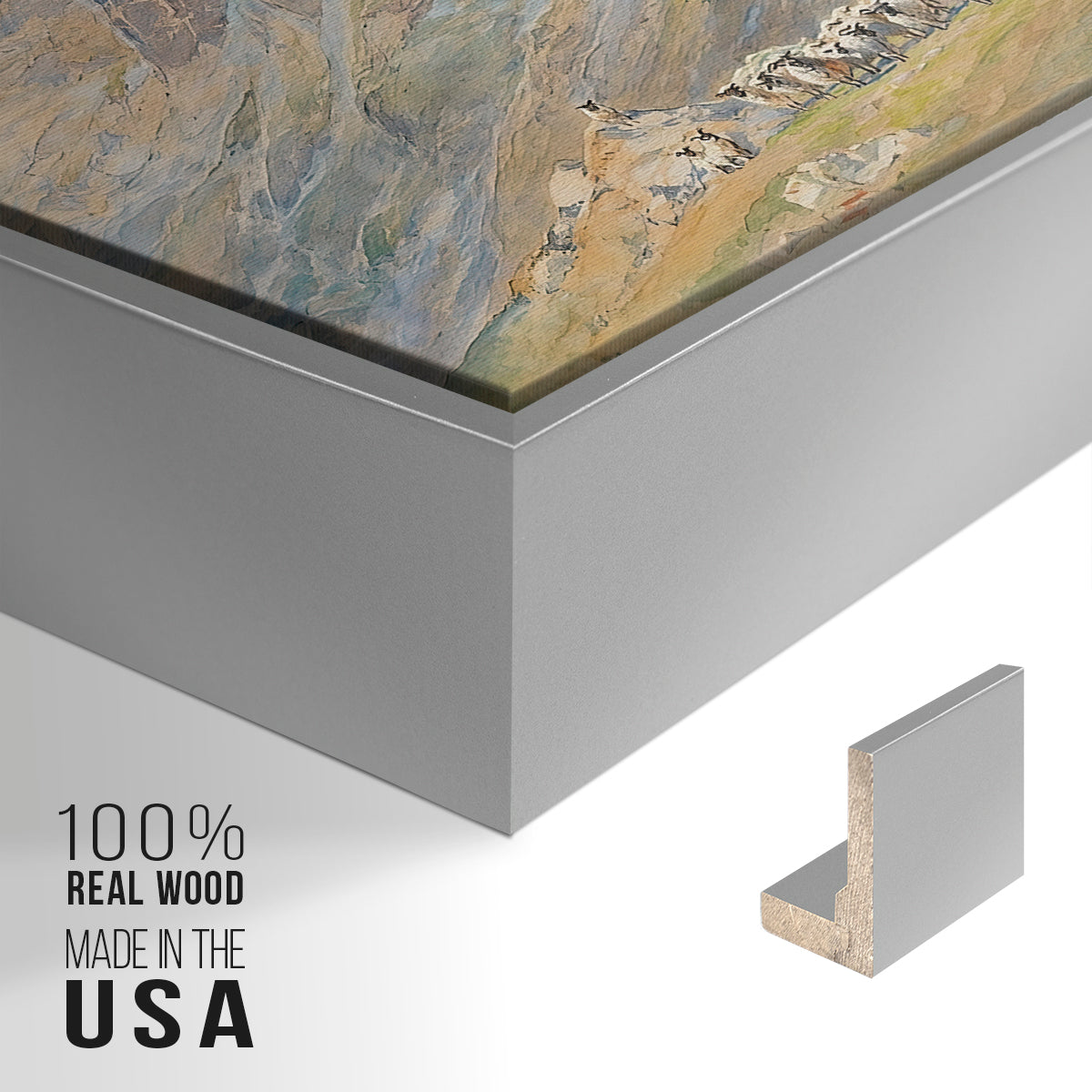 Close-up of the silver floater frame corner and gallery wrapped canvas construction.