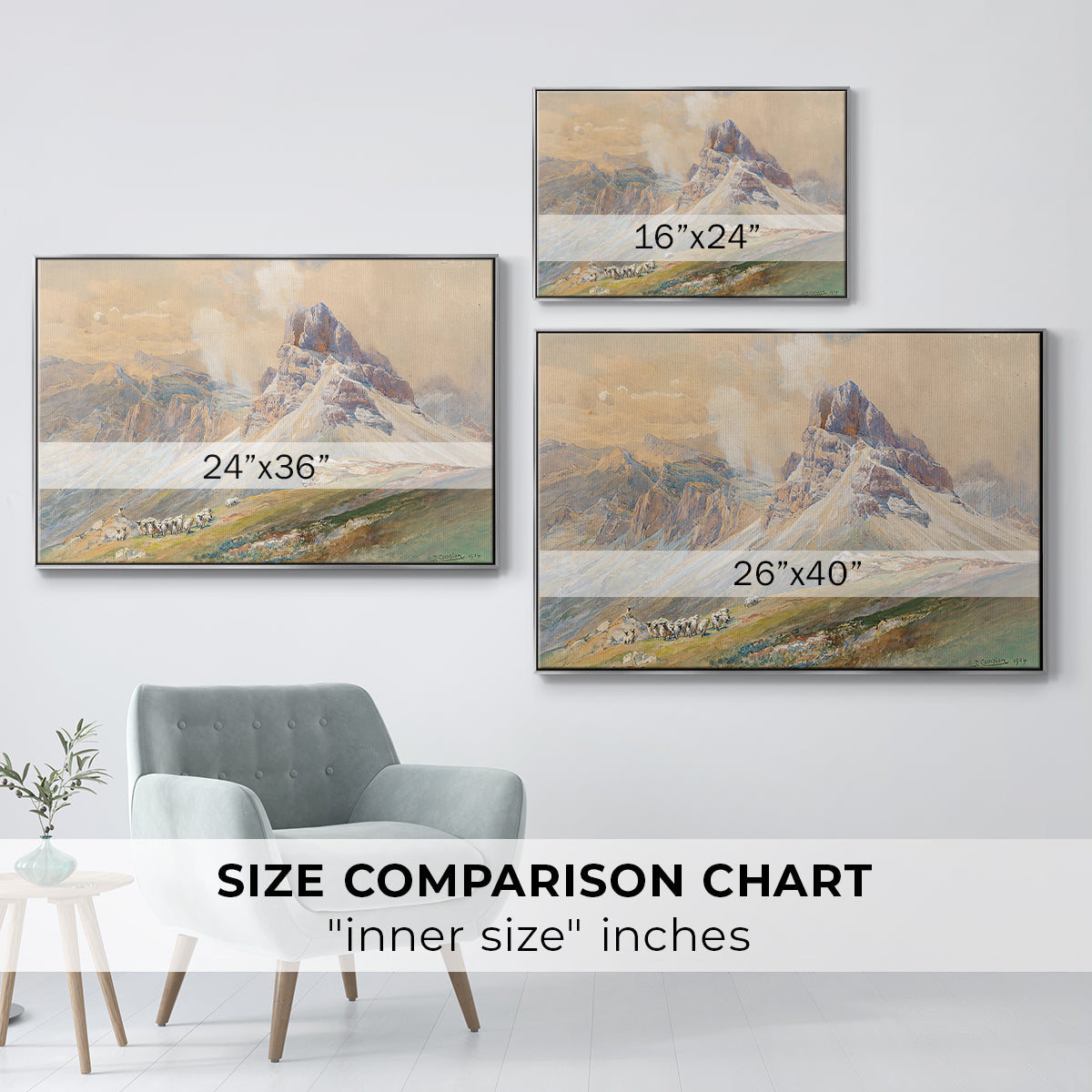 Size comparison chart for silver floater framed canvas featuring From the Dolomites, 1904 by Edward Theodore Compton.