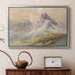 Silver floater framed canvas featuring an expansive landscape featuring iconic Dolomite peaks, displayed above a cabinet in a soft-toned living room.