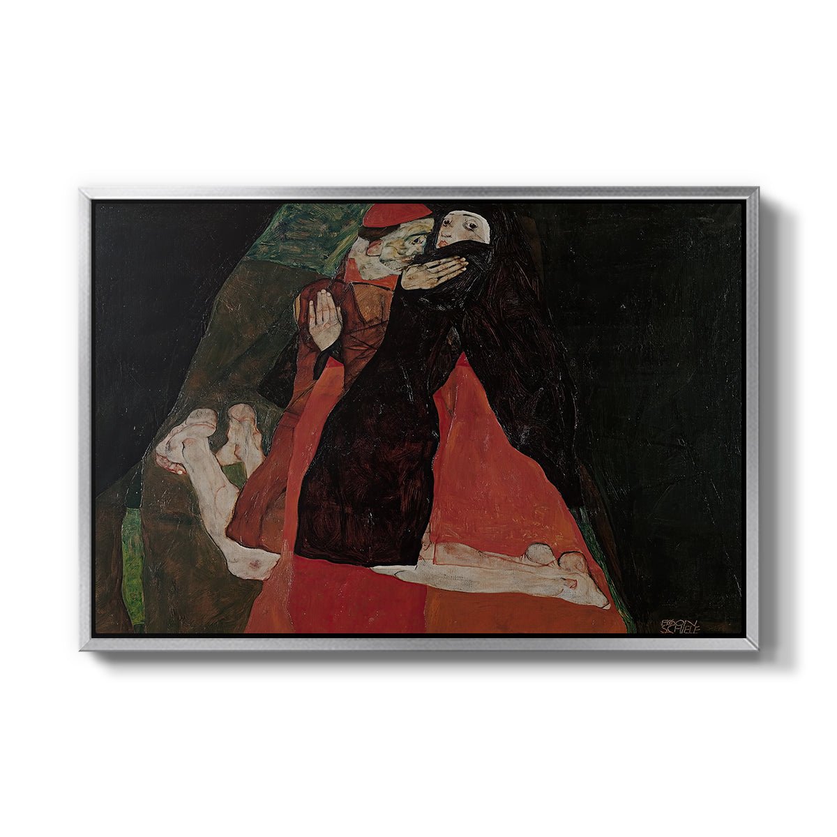 Cardinal and Nun (Caress), 1912 by Egon Schiele in a silver floater framed canvas wall art display.
