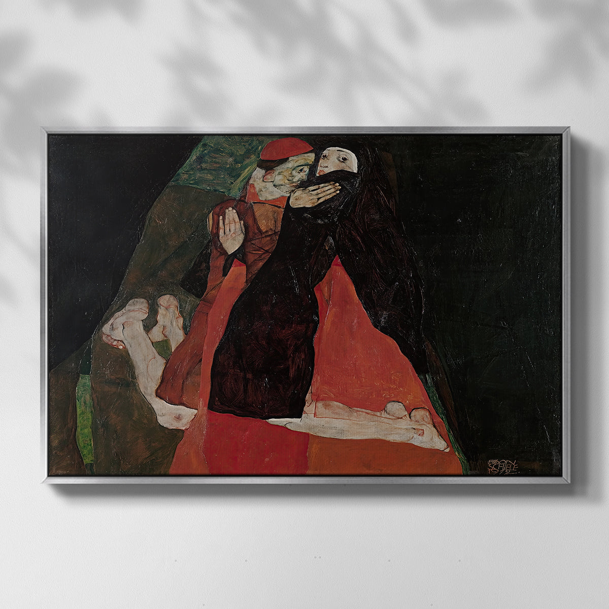 Front view of Cardinal and Nun (Caress), 1912 by Egon Schiele in a silver floater framed canvas.