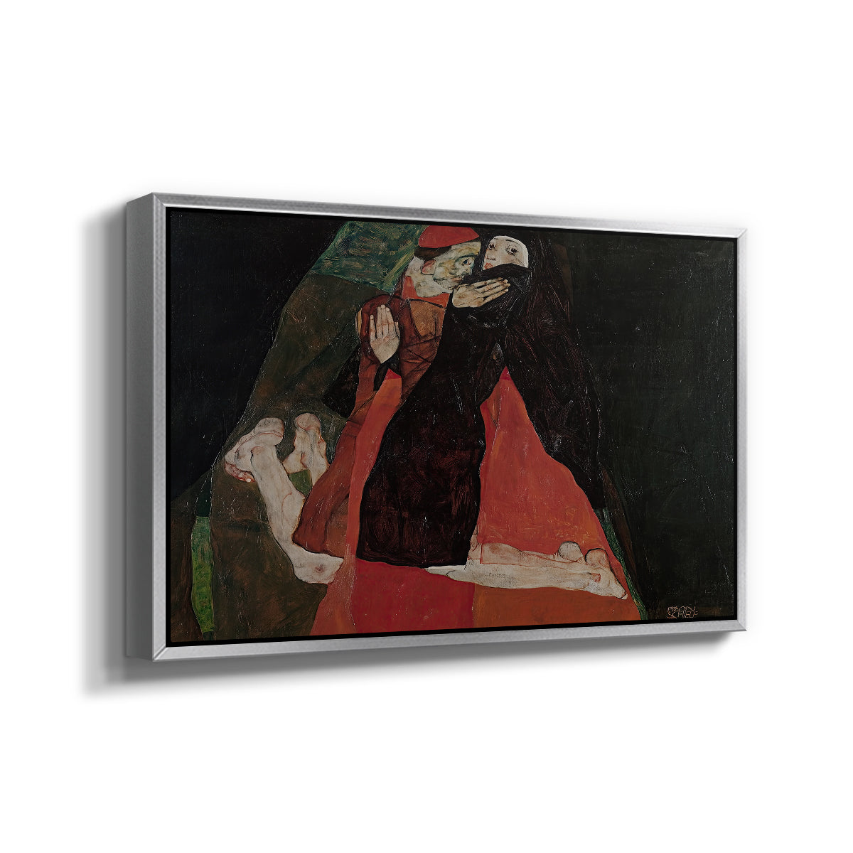 Angled view of Cardinal and Nun (Caress), 1912 by Egon Schiele in a silver floater framed canvas.