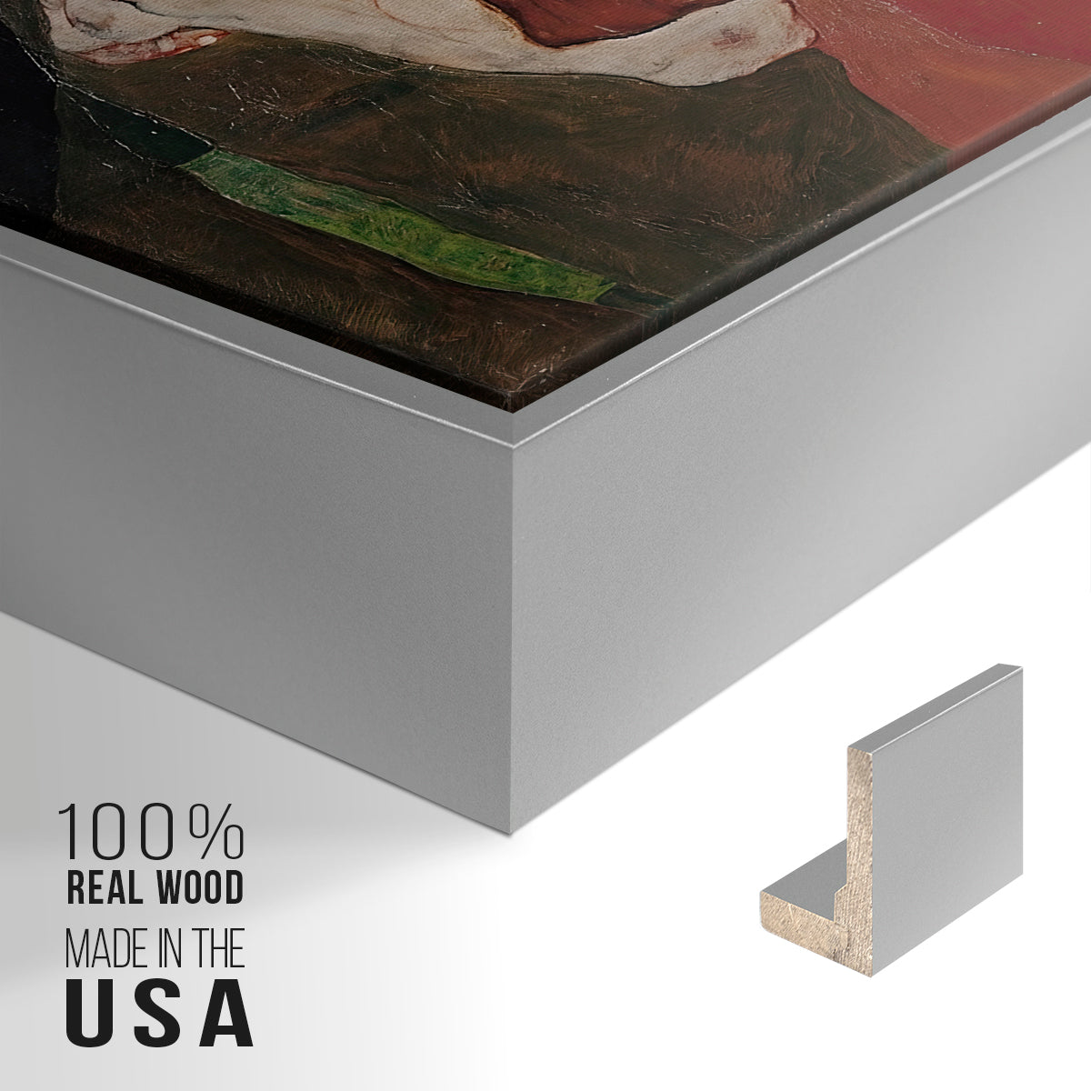 Close-up of the silver floater frame corner and gallery wrapped canvas construction.