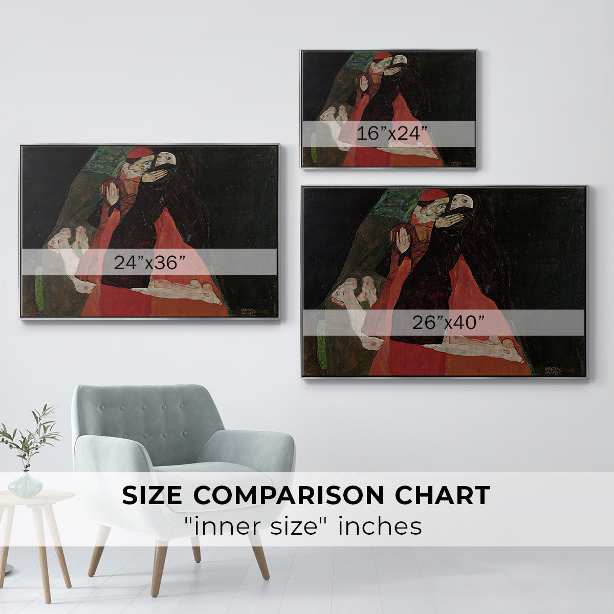 Size comparison chart for silver floater framed canvas featuring Cardinal and Nun (Caress), 1912 by Egon Schiele.