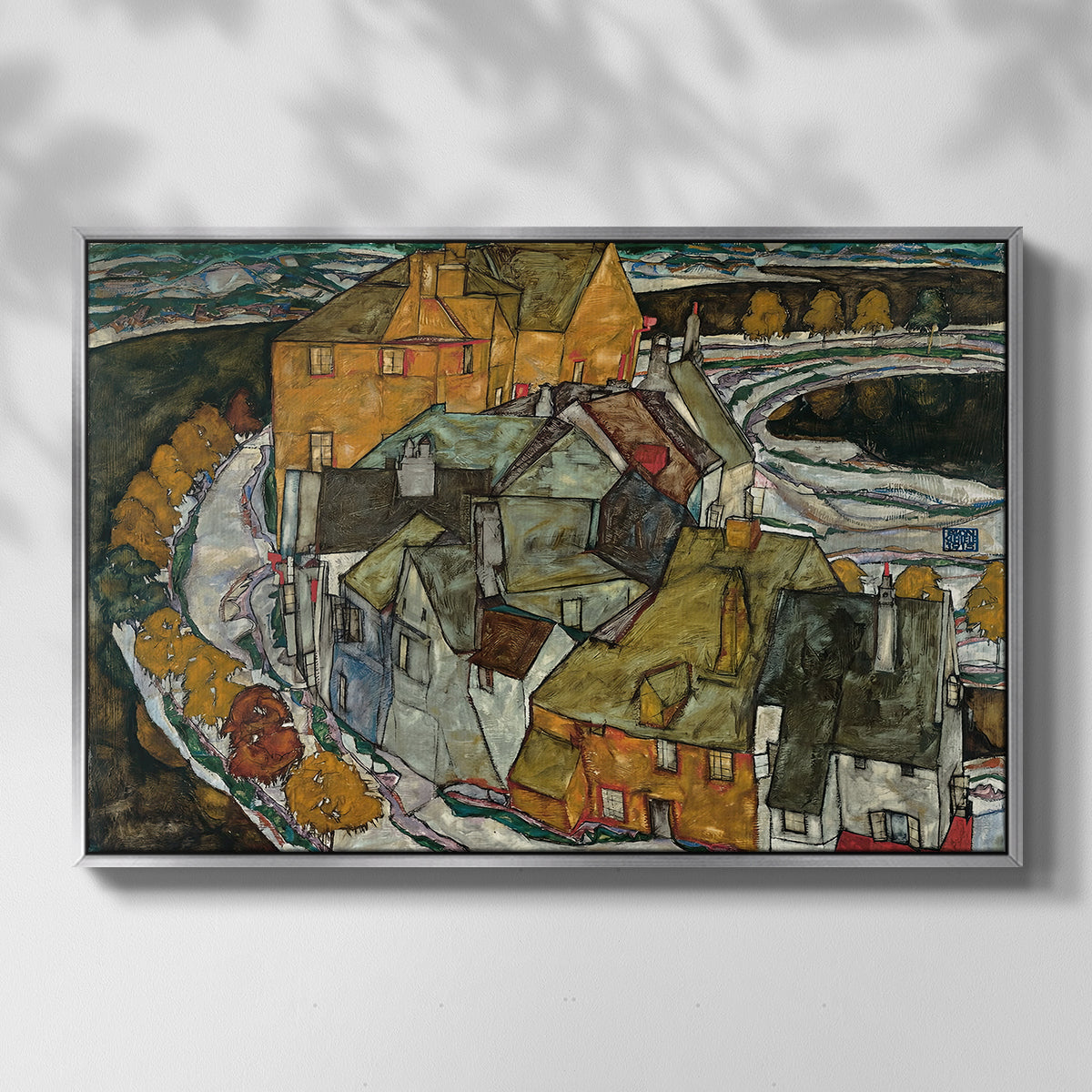 Front view of Crescent of Houses II (Island Town), 1915 by Egon Schiele in a silver floater framed canvas.