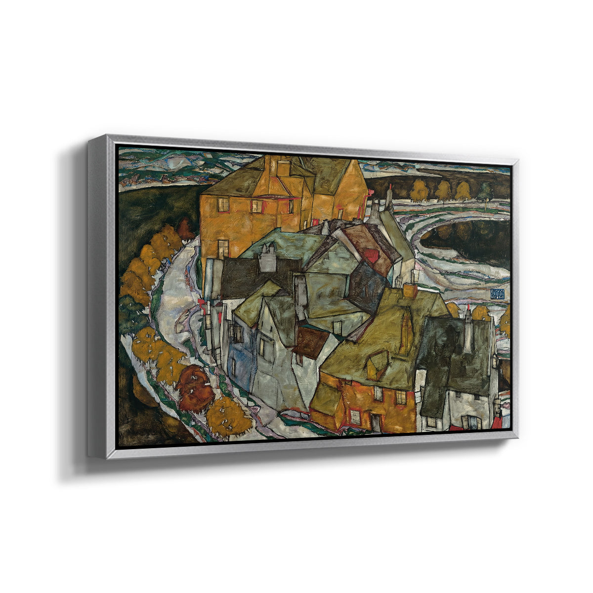 Angled view of Crescent of Houses II (Island Town), 1915 by Egon Schiele in a silver floater framed canvas.