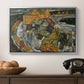 Crescent of Houses II (Island Town), 1915 by Egon Schiele in a silver floater framed canvas displayed above a console table in a hallway, featuring an architectural scene with houses arranged in curved composition.