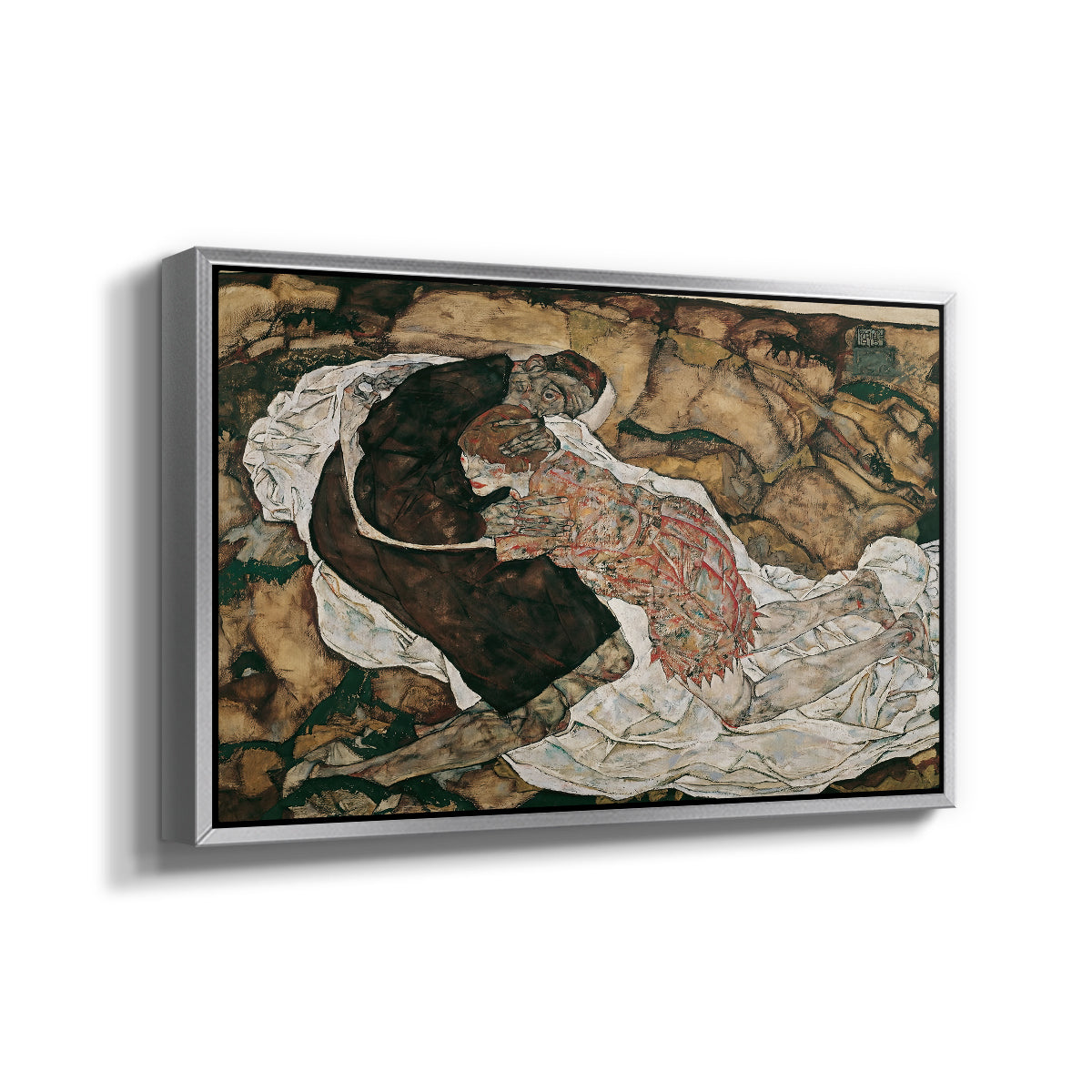 Angled view of Death and the Maiden, 1915 by Egon Schiele in a silver floater framed canvas.