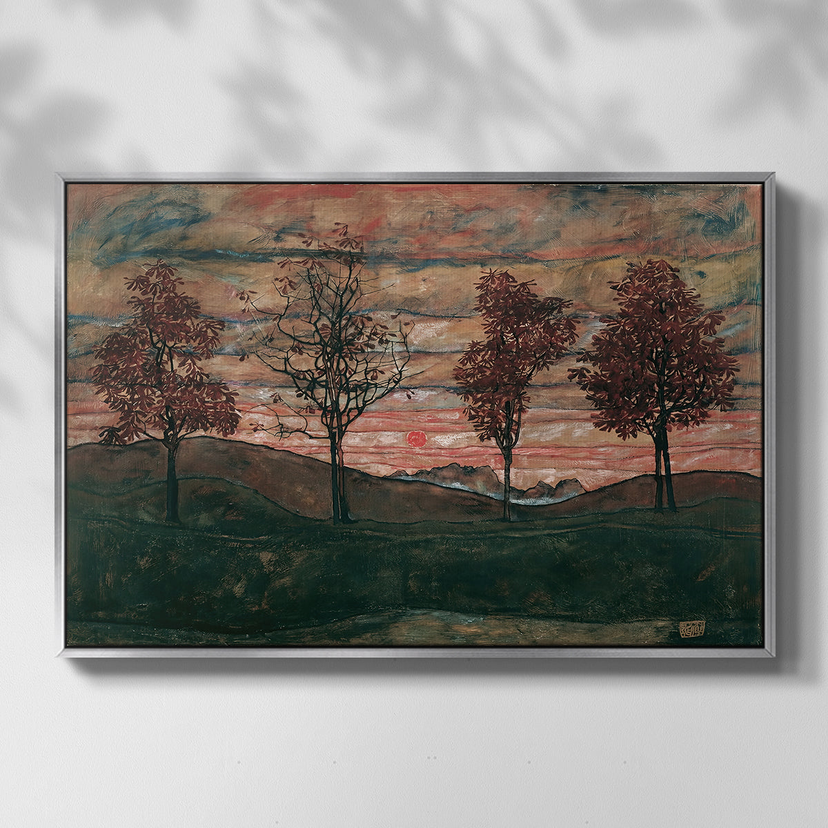 Front view of Four Trees, 1917 by Egon Schiele in a silver floater framed canvas.
