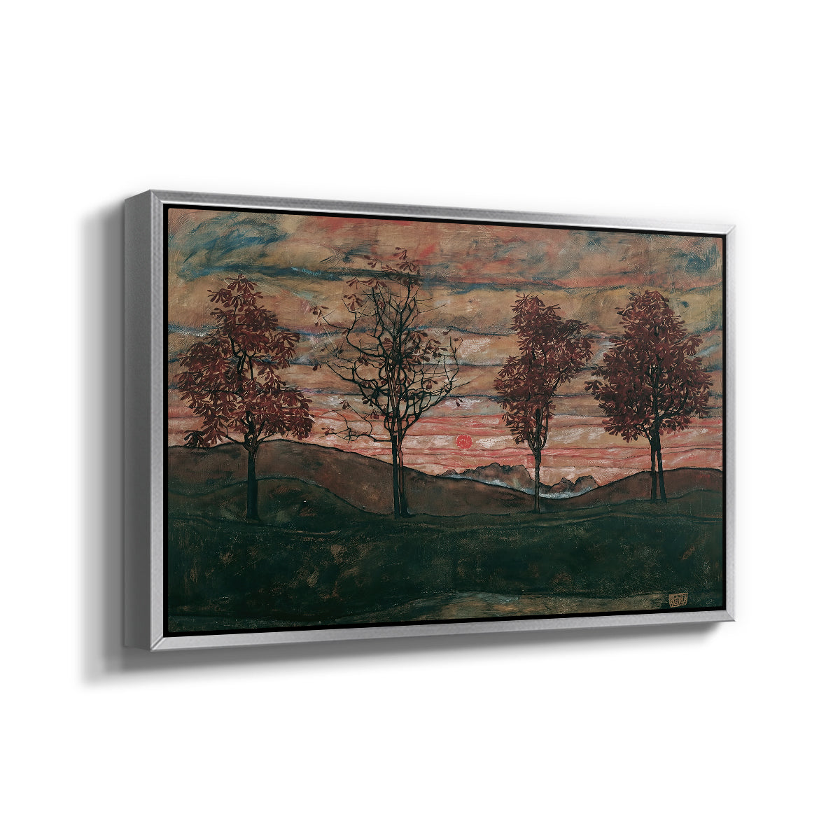 Angled view of Four Trees, 1917 by Egon Schiele in a silver floater framed canvas.