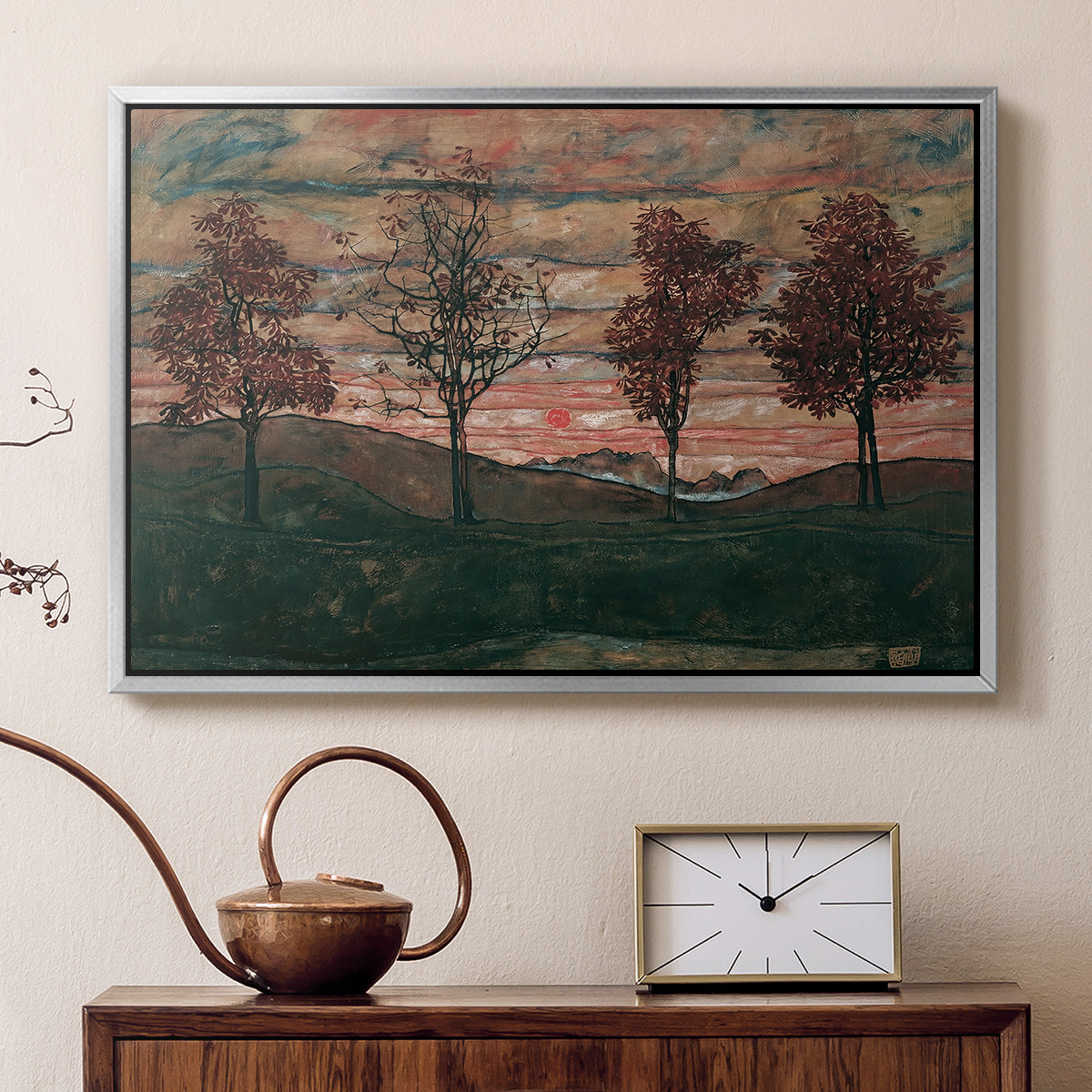 Silver floater framed canvas featuring a stylized nature scene with strong outlines and simple composition, displayed above a cabinet in a soft-toned living room.