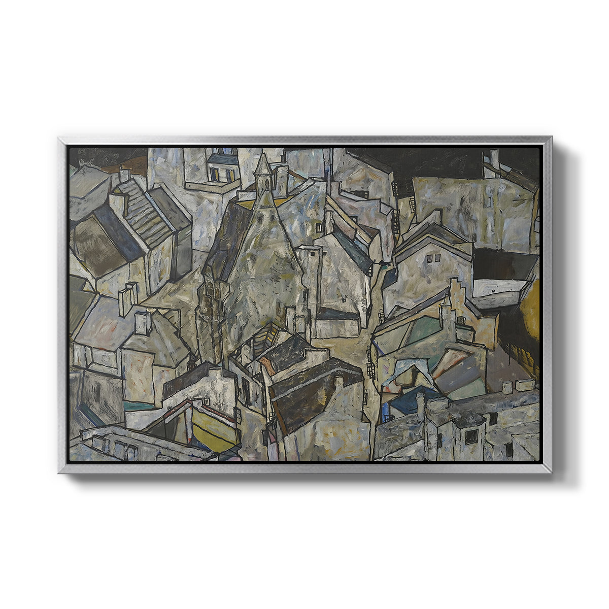 Mödling II, 1918 by Egon Schiele in a silver floater framed canvas wall art display.