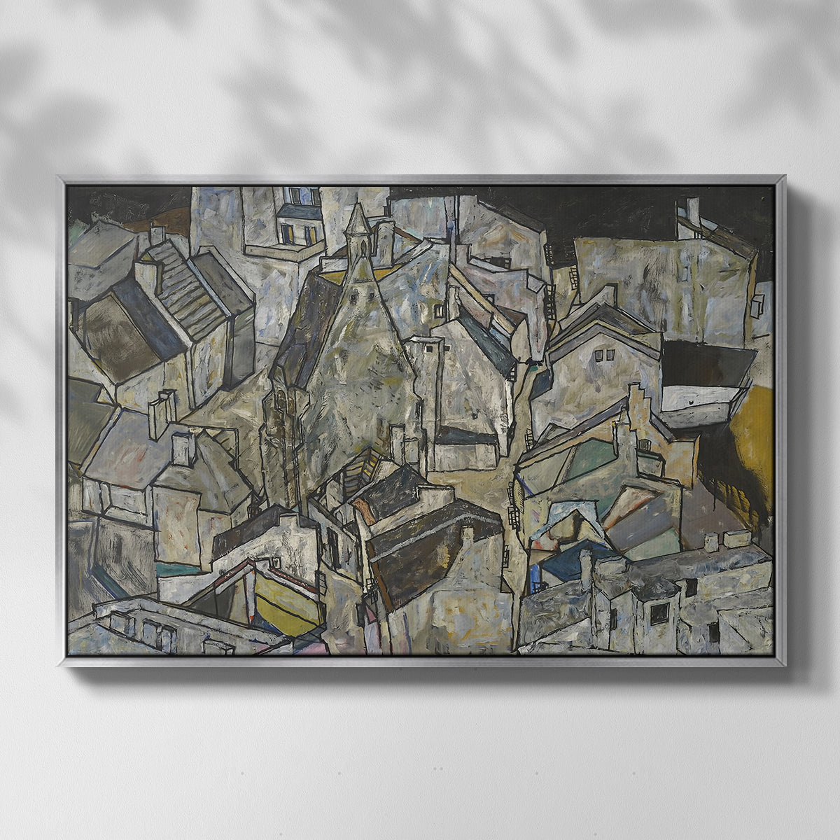 Front view of Mödling II, 1918 by Egon Schiele in a silver floater framed canvas.