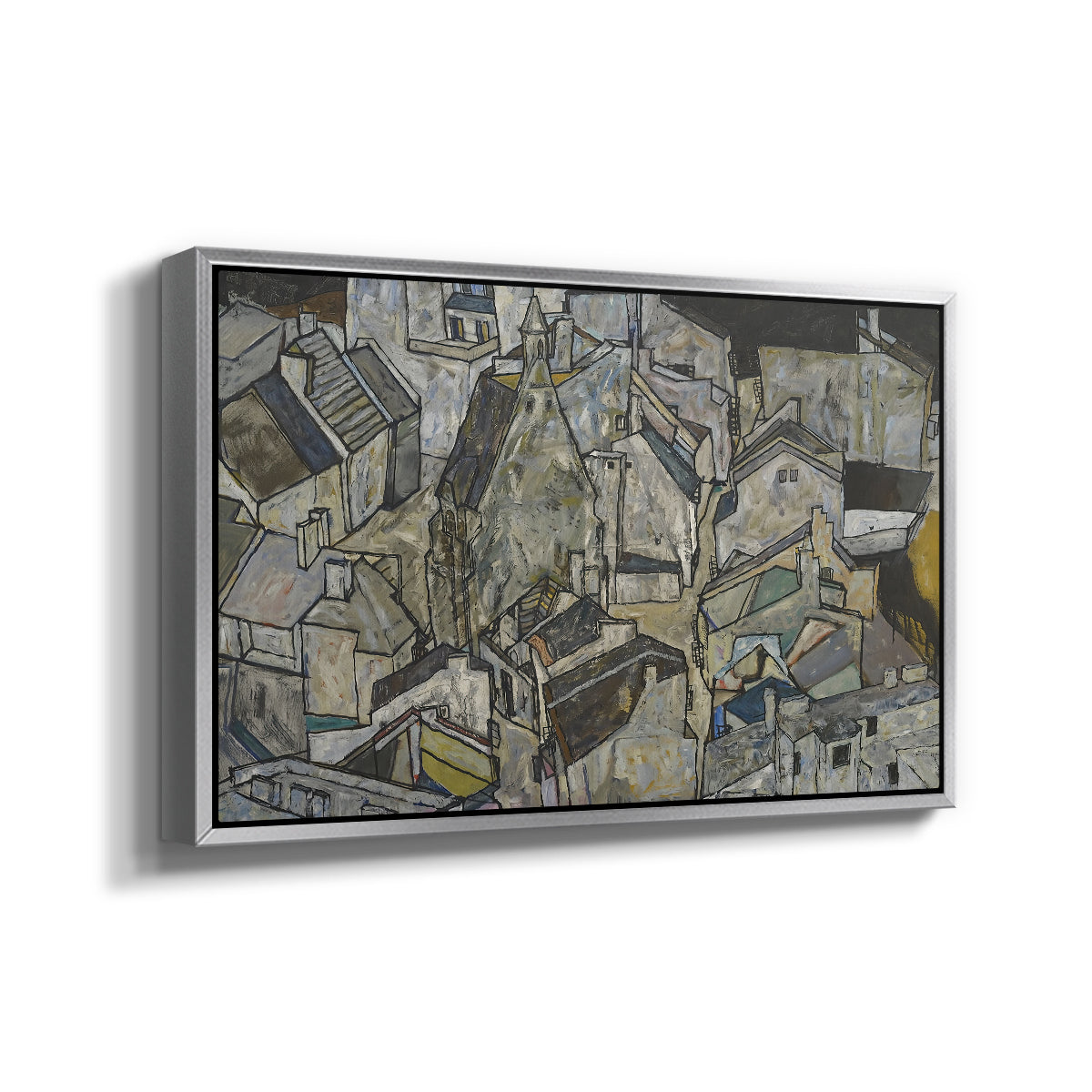 Angled view of Mödling II, 1918 by Egon Schiele in a silver floater framed canvas.