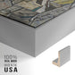 Close-up of the silver floater frame corner and gallery wrapped canvas construction.