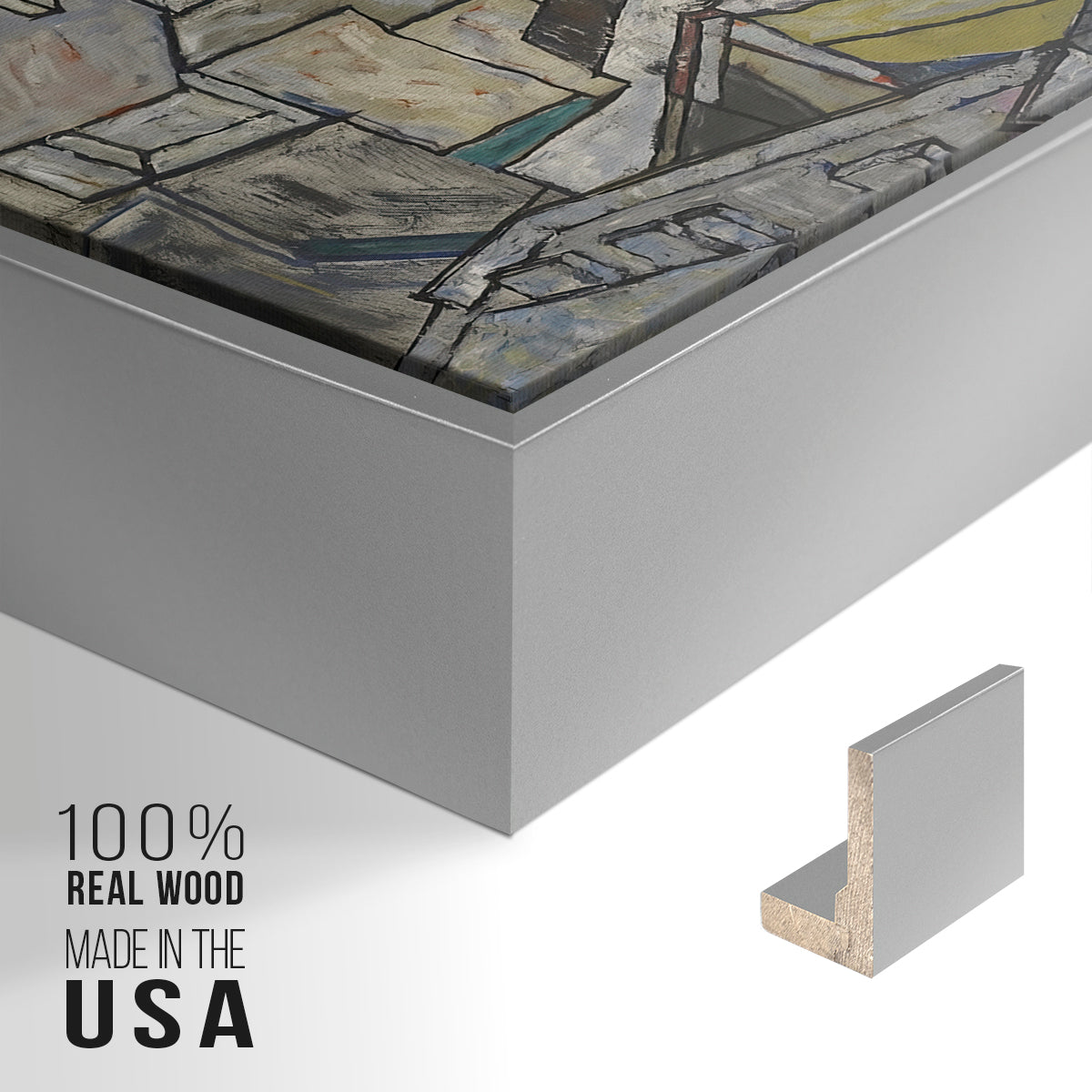 Close-up of the silver floater frame corner and gallery wrapped canvas construction.