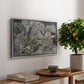 Mödling II, 1918 by Egon Schiele, presented in a silver floater framed canvas featuring clustered geometric houses forming dense urban landscape with sharp angles, displayed above a hallway console table.