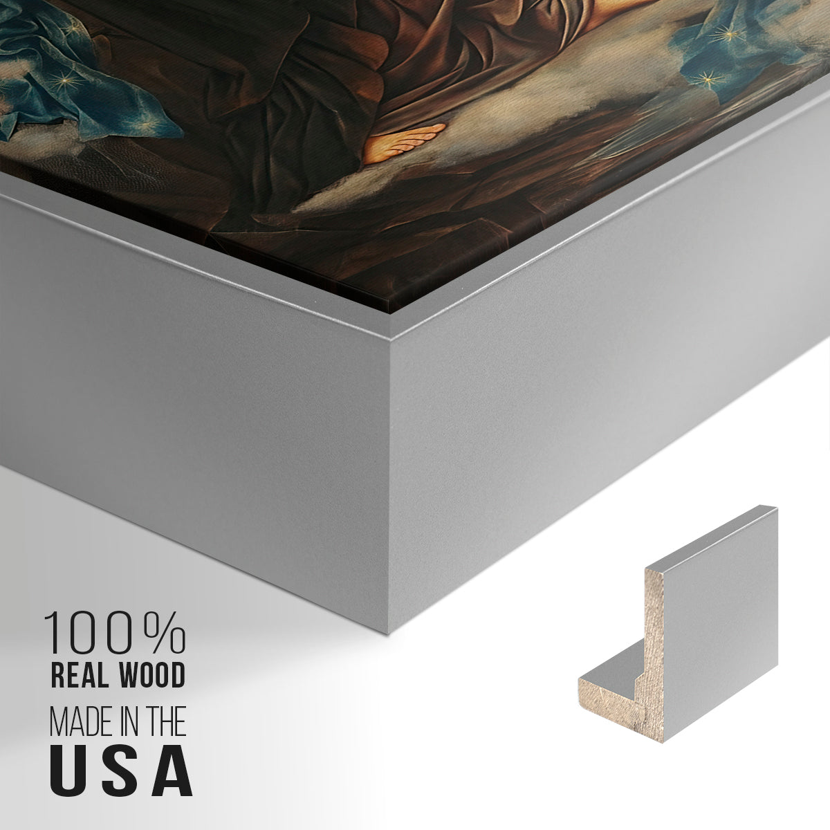 Close-up of the silver floater frame corner and gallery wrapped canvas construction.