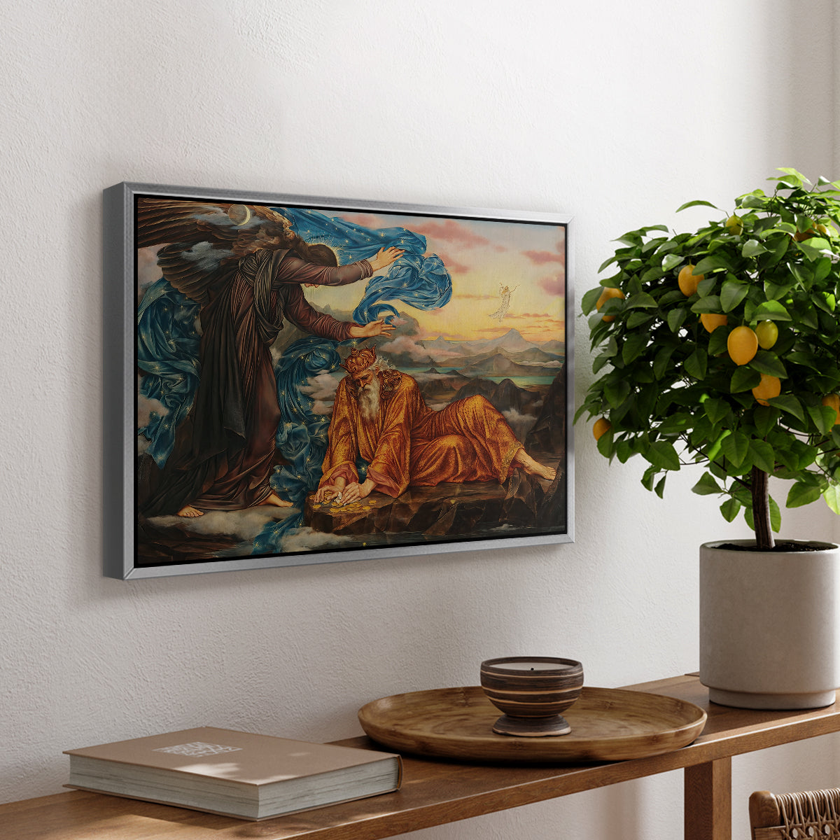Earthbound, 1897 by Evelyn De Morgan, presented in a silver floater framed canvas featuring a reclining female figure surrounded by symbolic elements in dreamlike setting, displayed above a hallway console table.