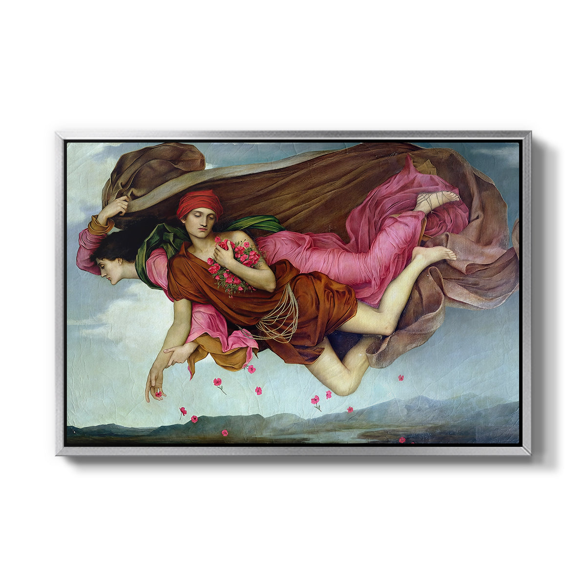 Night and Sleep, 1878 by Evelyn De Morgan in a silver floater framed canvas wall art display.