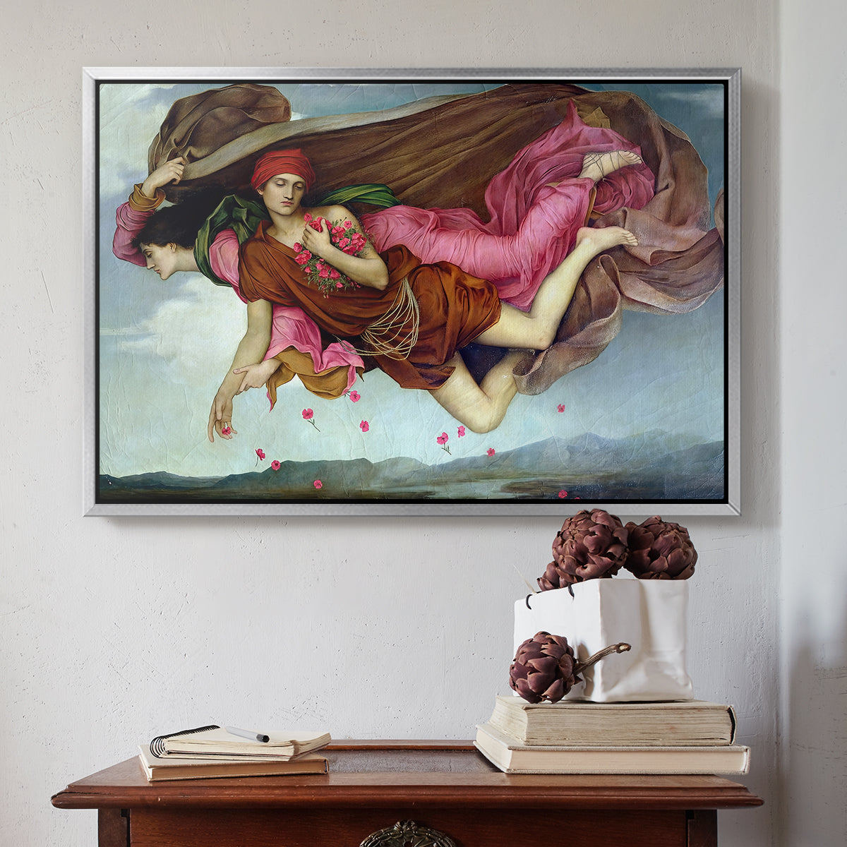 Silver floater framed canvas featuring Night and Sleep, 1878 by Evelyn De Morgan above an entryway table in a minimalist foyer.