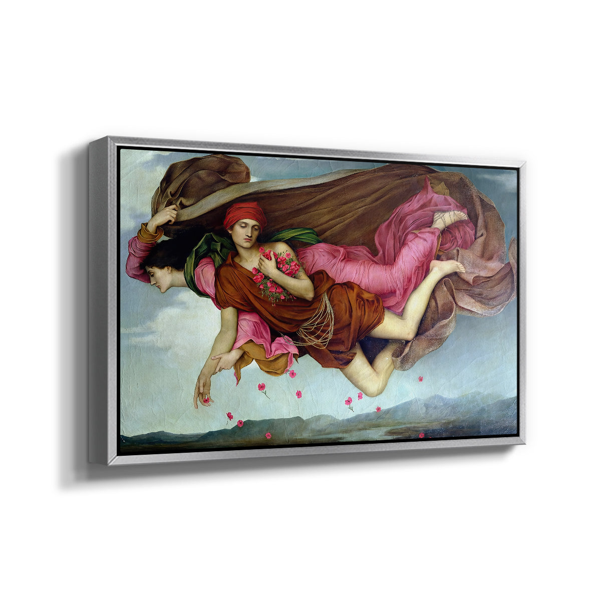 Angled view of Night and Sleep, 1878 by Evelyn De Morgan in a silver floater framed canvas.