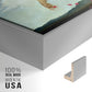 Close-up of the silver floater frame corner and gallery wrapped canvas construction.