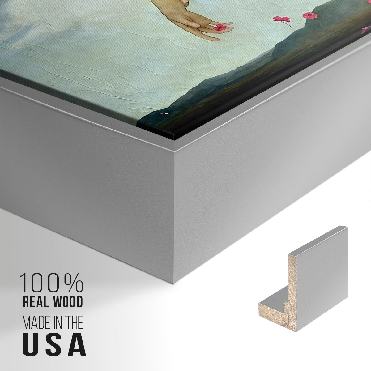 Close-up of the silver floater frame corner and gallery wrapped canvas construction.