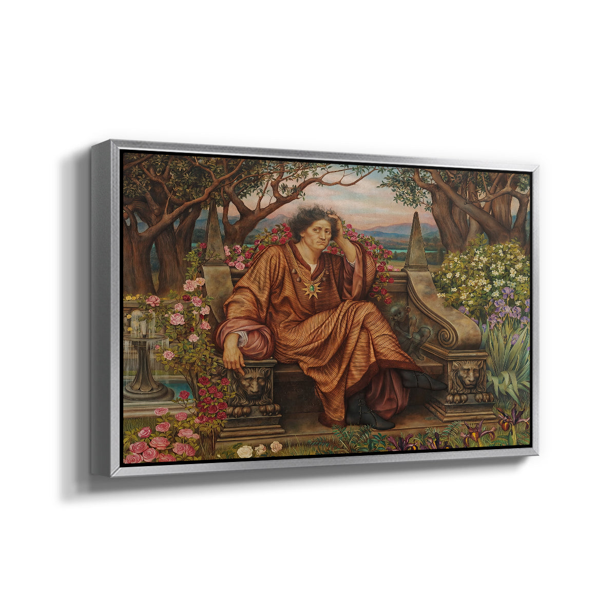 Angled view of A Soul in Hell, c. 1901-1902 by Evelyn De Morgan in a silver floater framed canvas.