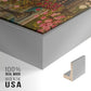 Close-up of the silver floater frame corner and gallery wrapped canvas construction.