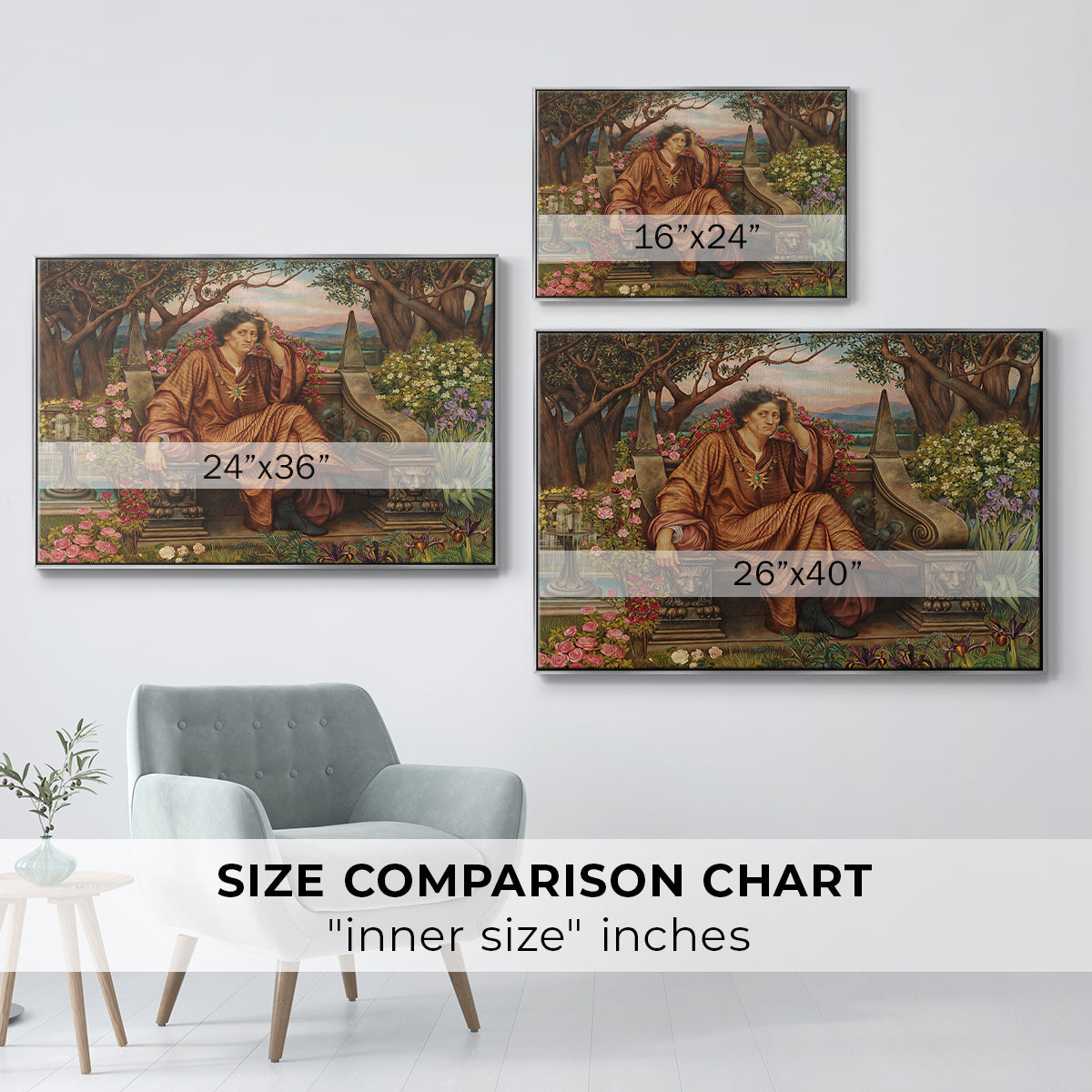 Size comparison chart for silver floater framed canvas featuring A Soul in Hell, c. 1901-1902 by Evelyn De Morgan.