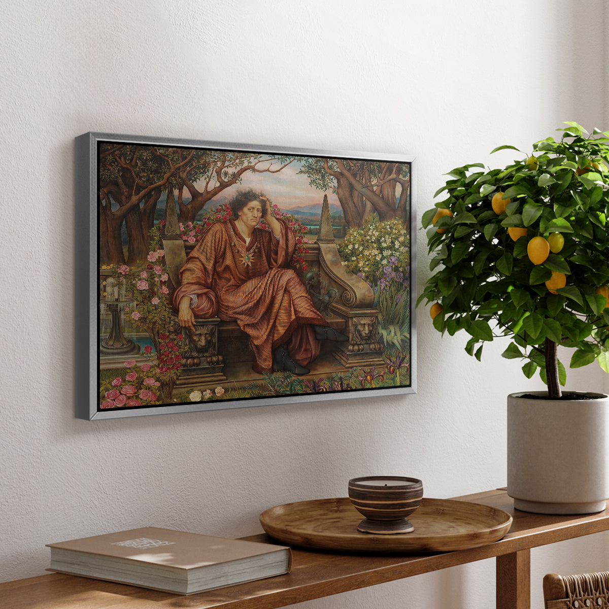 A Soul in Hell, c. 1901-1902 by Evelyn De Morgan, presented in a silver floater framed canvas featuring a distressed figure surrounded by flames and torment in symbolic hell scene, displayed above a hallway console table.