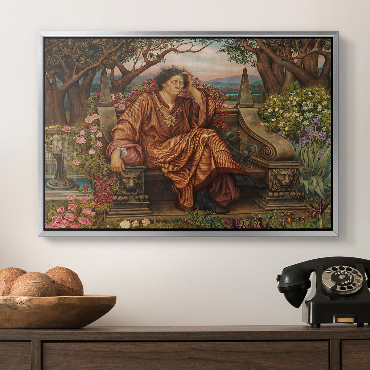 A Soul in Hell, c. 1901-1902 by Evelyn De Morgan in a silver floater framed canvas displayed above a console table in a hallway, featuring an emotional scene representing torment and spiritual struggle.