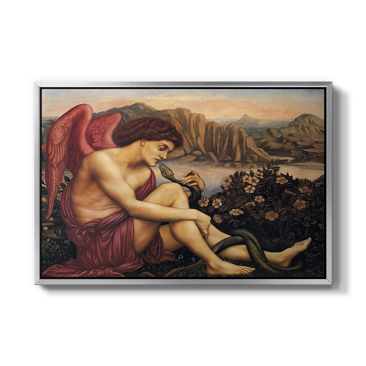 The Angel with the Serpent, c. 1870-1875 by Evelyn De Morgan in a silver floater framed canvas wall art display.