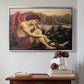 Silver floater framed canvas featuring The Angel with the Serpent, c. 1870-1875 by Evelyn De Morgan above an entryway table in a minimalist foyer.
